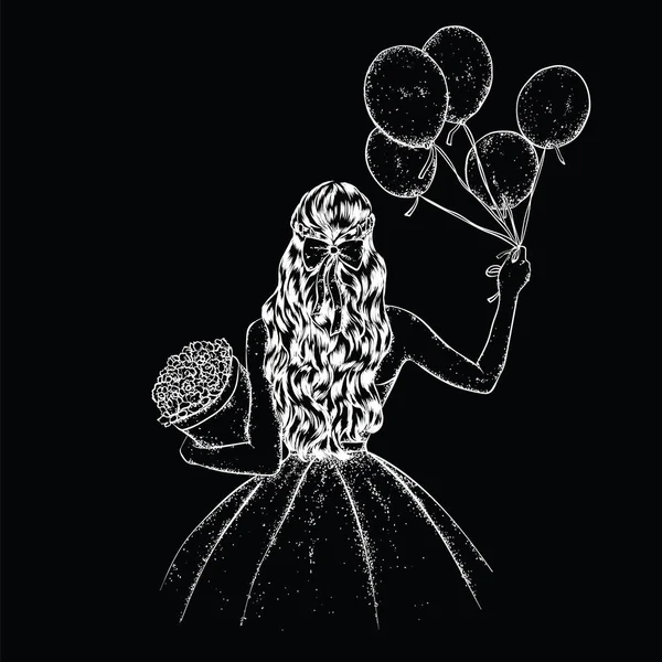 Girl Long Hair Beautiful Dress Balloons Bouquet Flowers Vector Illustration — Stock Vector