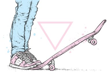 Kot pantolon ve spor ayakkabı giyen şık bir patenci. Kaykay mı? Bir kartpostal ya da poster için vektör çizimi, giysiler için baskı. Sokak kültürleri.