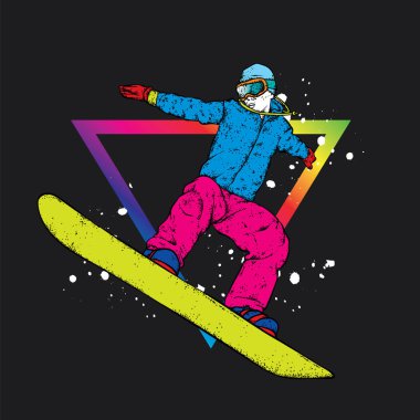 Bir snowboard renkli giysiler içinde. Vektör çizim. Spor, doğa sporları, açık hava etkinlikleri.