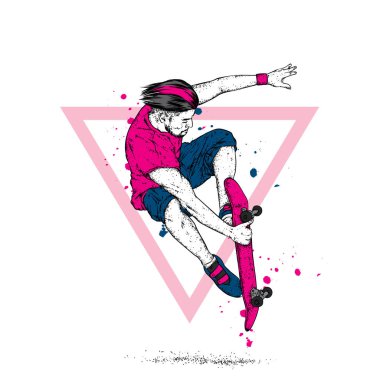 Kot pantolon ve spor ayakkabı giyen şık bir patenci. Kaykay mı? Bir kartpostal ya da poster için vektör çizimi, giysiler için baskı. Sokak kültürleri.