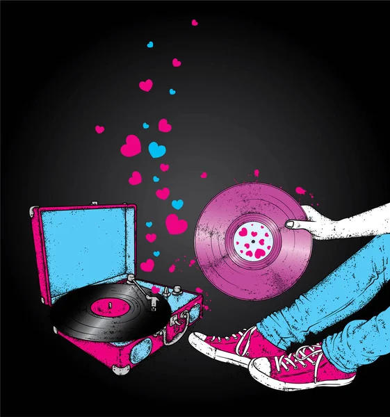 Legs Sneakers Turntable Vinyl Record Hipster Music Vector Illustration Postcard — Stock Vector