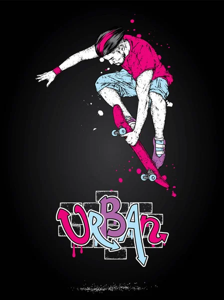 Stylish skater in jeans and sneakers. Skateboard. Vector illustration for a postcard or a poster, print for clothes. Street cultures.