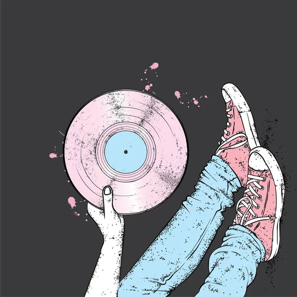 Beine Turnschuhen Und Eine Schallplatte Hipster Und Musik Vektor Illustration — Stockvektor