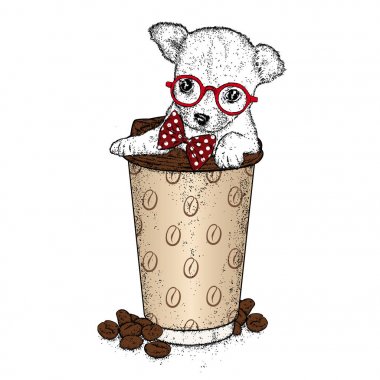 Küçük bir köpek yavrusu bir bardak kahve içmek için oturuyor. Gözlük ve galshutka, giysi ve aksesuarları hayvanlardaki soyu bir köpek. Vektör çizim bir kartpostal veya poster için.