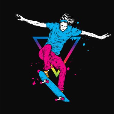 Kot pantolon ve spor ayakkabı giyen şık bir patenci. Kaykay mı? Bir kartpostal ya da poster için vektör çizimi, giysiler için baskı. Sokak kültürleri.