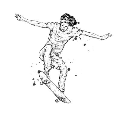 Kot pantolon ve spor ayakkabı giyen şık bir patenci. Kaykay mı? Bir kartpostal ya da poster için vektör çizimi, giysiler için baskı. Sokak kültürleri.