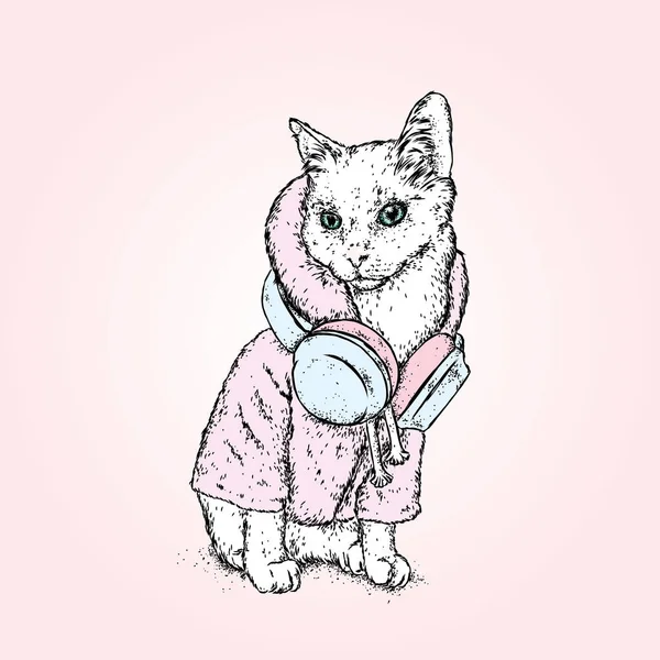 Elegante Katze Mit Kopfhörer Und Jacke Vektor Illustration Für Grußkarte — Stockvektor