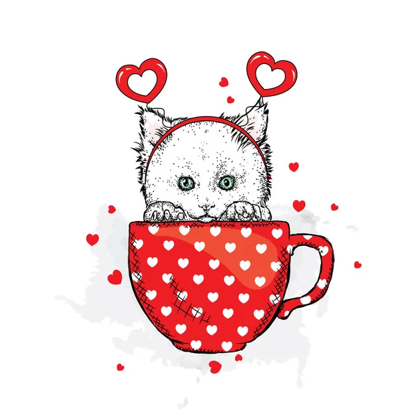 Cute Kitten Hearts Sits Cup Vector Illustration Postcard Poster Valentine — Stock Vector