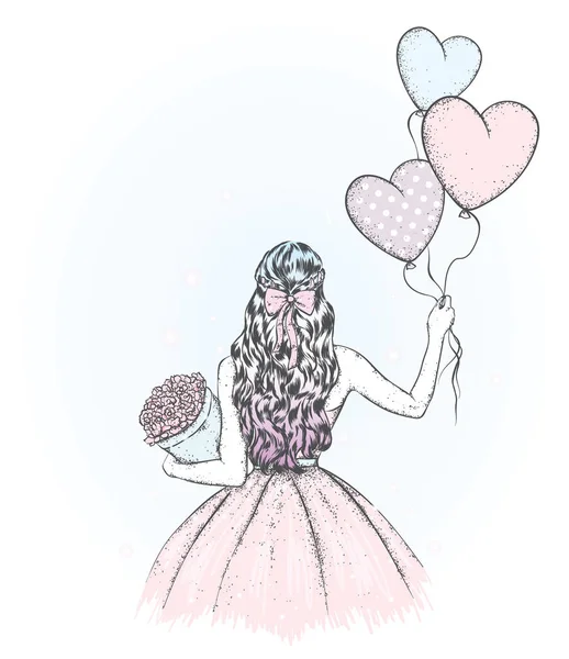 Una Chica Con Pelo Largo Hermoso Vestido Globos Ramo Flores — Vector de stock