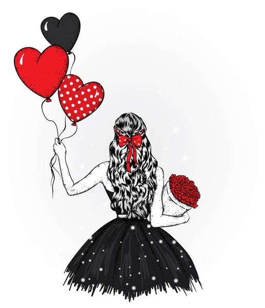 美しいドレスには長い髪を持つ少女 風船と花の花束 ホリデー グリーティング カード ポスター または衣服に印刷用のベクター イラスト バレンタインの日 — ストックベクタ