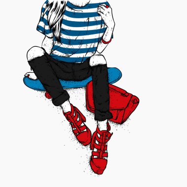 Yüksek topuklu ayakkabı, kot pantolon ve bir moda çanta, şık bir kız bir kaykay üzerinde oturur. Vektör çizim. Moda, Stil, giyim ve aksesuarları.