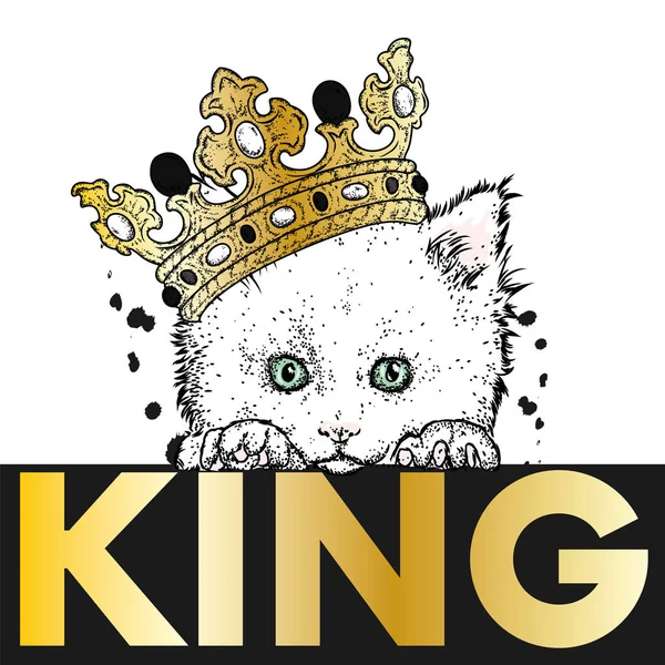 金色王冠上的小猫矢量插图为明信片或海报 打印的衣服 — 图库矢量图片