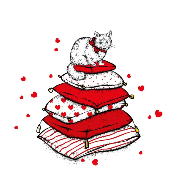 Кот Подушках Червями День Святого Валентина Любовь Дружба Иллюстрация Открытке — стоковый вектор