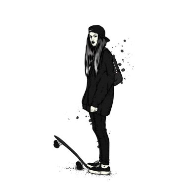 Kot pantolon ve spor ayakkabı giyen şık bir patenci. Kaykay mı? Bir kartpostal ya da poster için vektör çizimi, giysiler için baskı. Sokak kültürleri.