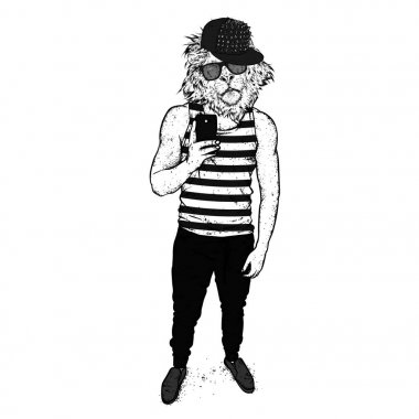 Bir spor vücut ve bir aslan başı yakışıklı bir adam. Şık giysiler içinde bir adam. Moda ve stil, giyim ve aksesuarları. Vektör çizim.