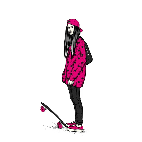 Stylish skater in jeans and sneakers. Skateboard. Vector illustration for a postcard or a poster, print for clothes. Street cultures.