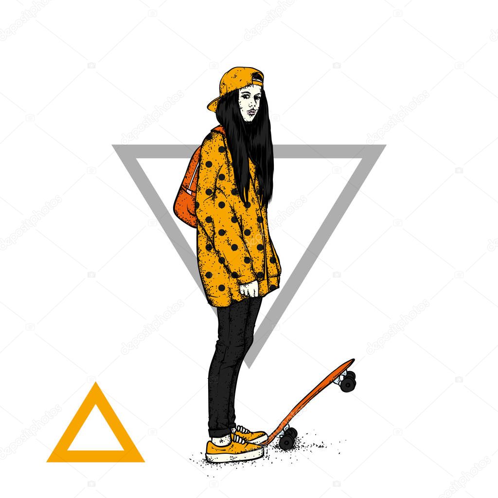 Stylish skater in jeans and sneakers. Skateboard. Vector illustration for a postcard or a poster, print for clothes. Street cultures.