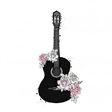 Acoustic guitar and roses. Bouquet of flowers. Vector illustration. clipart
