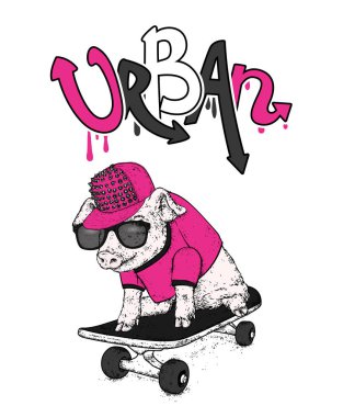 Bir domuzla gözlük ve bir kap. Vektör çizim. Spor ve ekstrem.