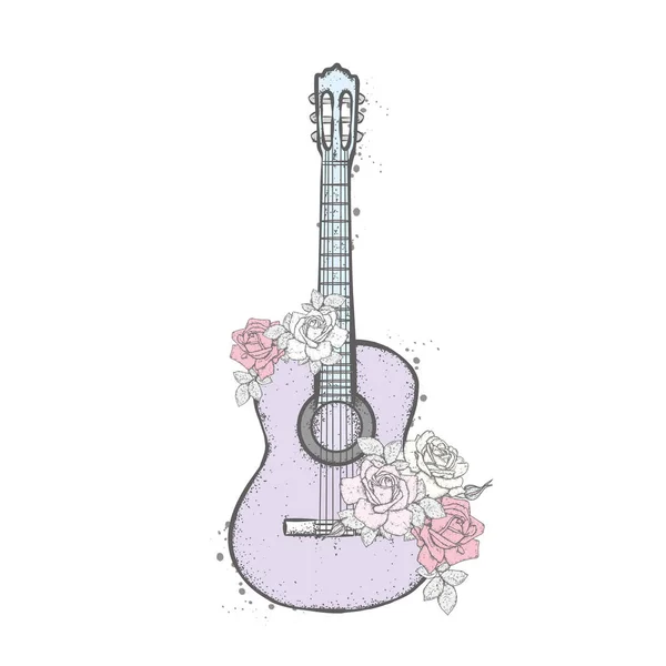 Akoestische Gitaar Rozen Boeket Van Bloemen Vectorillustratie — Stockvector