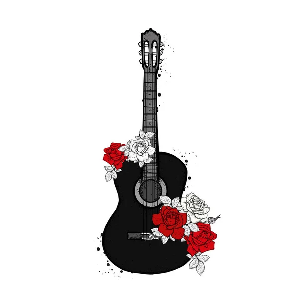 Akustische Gitarre Und Rosen Blumenstrauß Vektorillustration — Stockvektor