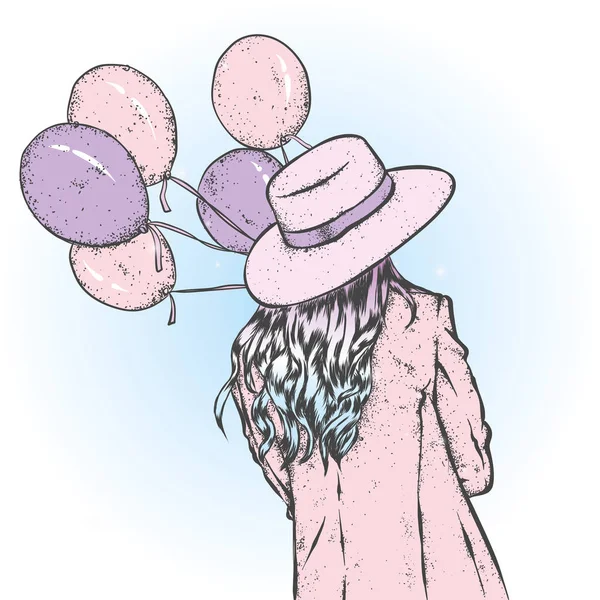 Girl Coat Hat Woman Balloons Vector Illustration — Stock Vector