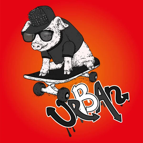 Cochon Avec Des Lunettes Une Casquette Illustration Vectorielle Sport Extrême — Image vectorielle