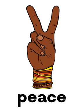 The symbol of pacifism and hippies is a hand with two fingers. Against racism, homophobia and war. Peace. Vector illustration for a postcard or a poster, print for clothes. LGBT. clipart