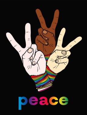İki parmak ile bir el, pasifizm ve hippiler sembolüdür. Irkçılık karşı Homofobi ve savaş. Barış. Vektör çizim bir kartpostal veya poster, giysiler için yazdırma için. LGBT.