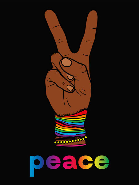 Символом пацифизма и хиппи является рука с двумя пальцами. Против расизма, гомофобии и войны. Мира. Векторная иллюстрация для открытки или плаката, печать одежды. ЛГБТ
.