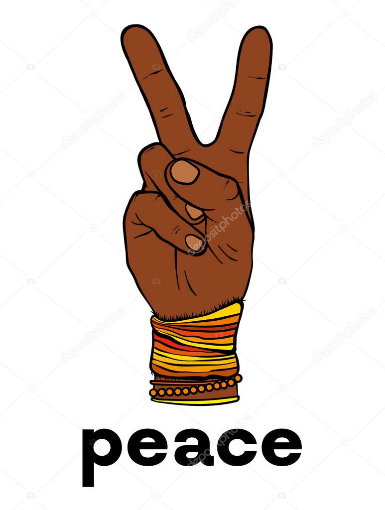 The symbol of pacifism and hippies is a hand with two fingers. Against racism, homophobia and war. Peace. Vector illustration for a postcard or a poster, print for clothes. LGBT.