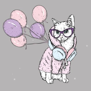 Kulaklık ve ceket ile zarif kedi. Tebrik kartı için illüstrasyon vektör, Kupası, elbiselere yazdırmak. Hayvan giysiler ve aksesuarlar.