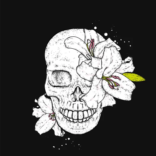 Calavera Con Lirios Flores Ilustración Vectorial — Vector de stock