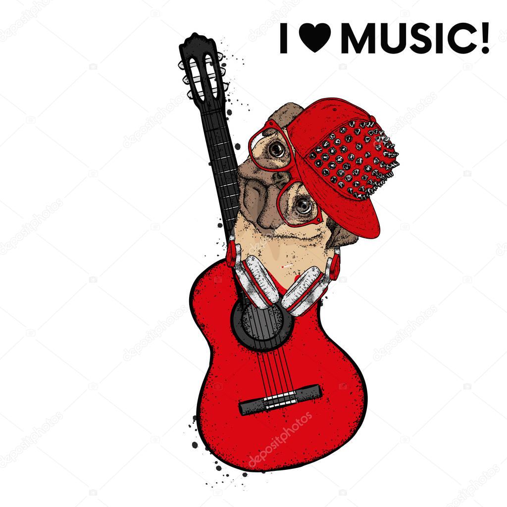 A funny dog with glasses and a guitar. Vector illustration.