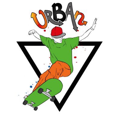 Kot pantolon ve spor ayakkabı giyen şık bir patenci. Kaykay mı? Bir kartpostal ya da poster için vektör çizimi, giysiler için baskı. Sokak kültürleri.