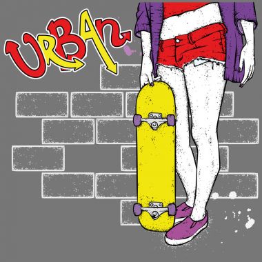 Şık bir patenci kız. Kaykay mı? Bir kartpostal ya da poster için vektör çizimi, giysiler için baskı. Sokak kültürleri.