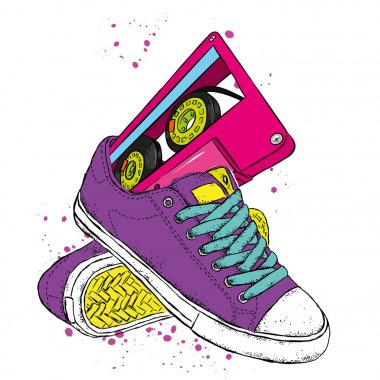 Spor ayakkabı ve audiocassette. Müzik ve ayakkabı. Retro, vintage, 80s ve 90s.