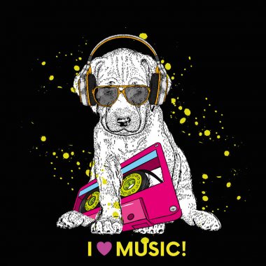 Sevimli köpek kulaklık ve bir kaset. 90'lı yılların. gösterim amacıyla bir kartı veya yazdırma dökmeyin. Poster. Vektör çizim