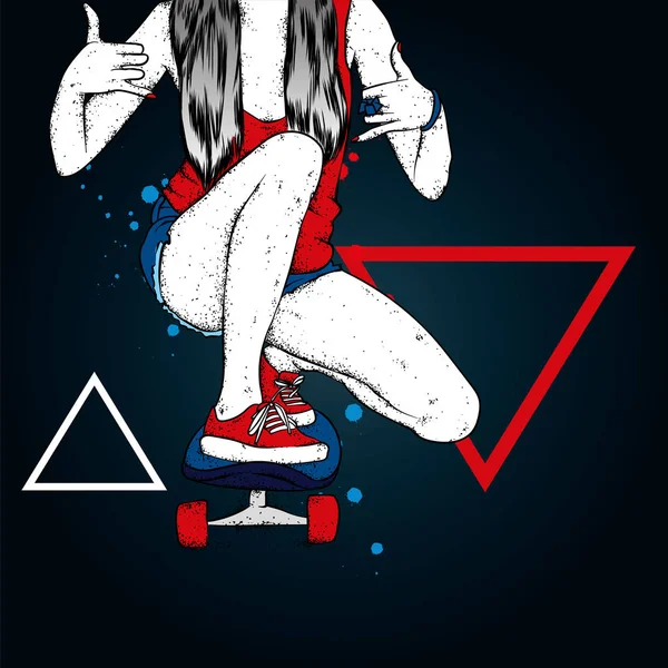 Stylish skater girl. Skateboard. Vector illustration for a postcard or a poster, print for clothes. Street cultures.