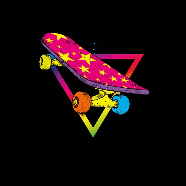 Multicolored skateboard and triangle. Vector illustration. Extreme street sports.