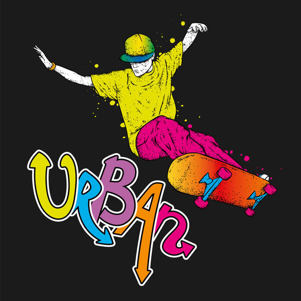 Стильный фигурист в джинсах и кроссовках. Скейтборд. Векторная иллюстрация для открытки или плаката, печать одежды. Уличные культуры.