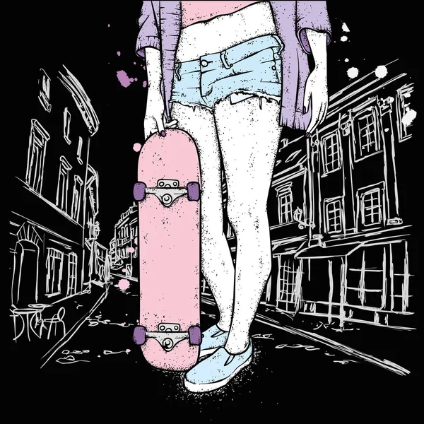 Snygg Skridskoåkare Flicka Skateboard Vektor Illustration För Ett Vykort Eller — Stock vektor