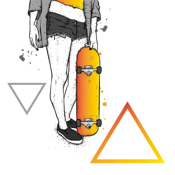 时髦的滑板女孩 明信片或海报的矢量插图 服装的印刷品 街头文化 — 图库矢量图片