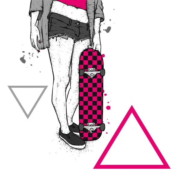 Menina Patinadora Elegante Skate Ilustração Vetorial Para Cartão Postal Cartaz — Vetor de Stock