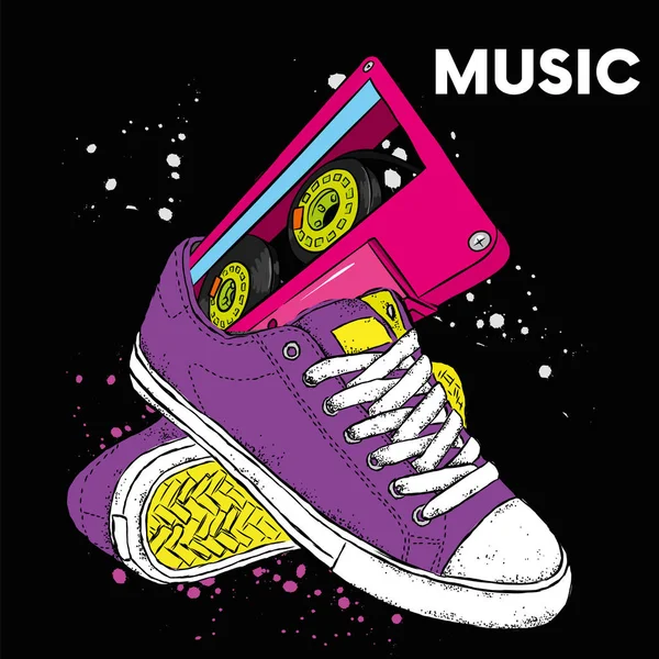 Turnschuhe Und Audiokassette Musik Und Schuhe Retro Vintage 80Er Und — Stockvektor