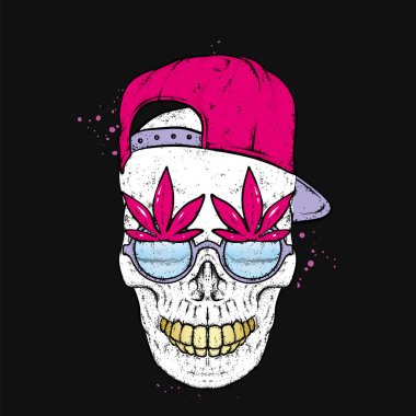 Şık bir kafatası gözlük ve şapka ile. Elbise veya bir illüstrasyon kart ve bir poster için bir baskı. Vektör çizim.