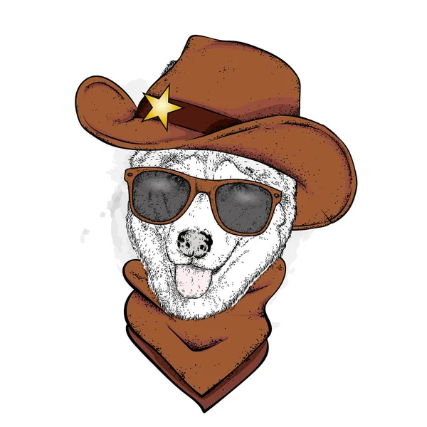 Egy Kutya Ban Egy Cowboy Kalapot Sálat Fajtiszta Kiskutya Ruhákat — Stock Vector