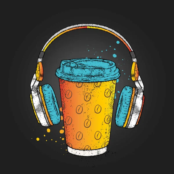 Hermoso Vaso Con Café Auriculares Ilustración Vectorial Concepto Listo — Vector de stock