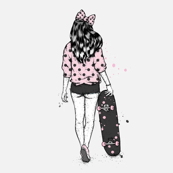 Beautiful Girl Shorts Skateboard Skater Girl Vector Illustration Street Sports — Stock Vector