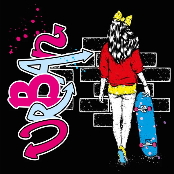 Belle Fille Short Avec Skateboard Une Patineuse Illustration Vectorielle Sports — Image vectorielle